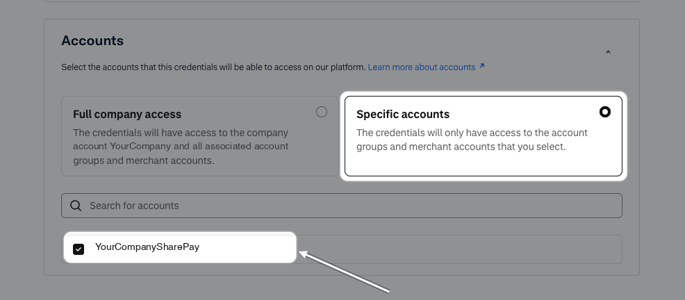 Accounts set to Specific accounts, with only the SharePay merchant account ticked