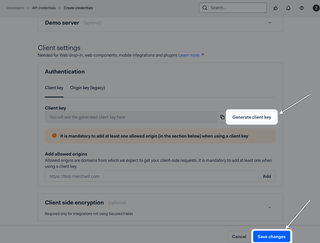 Client settings, where you generate the client key
