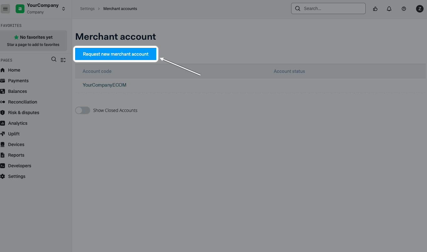 Settings, Merchant accounts, with the Request new merchant account button