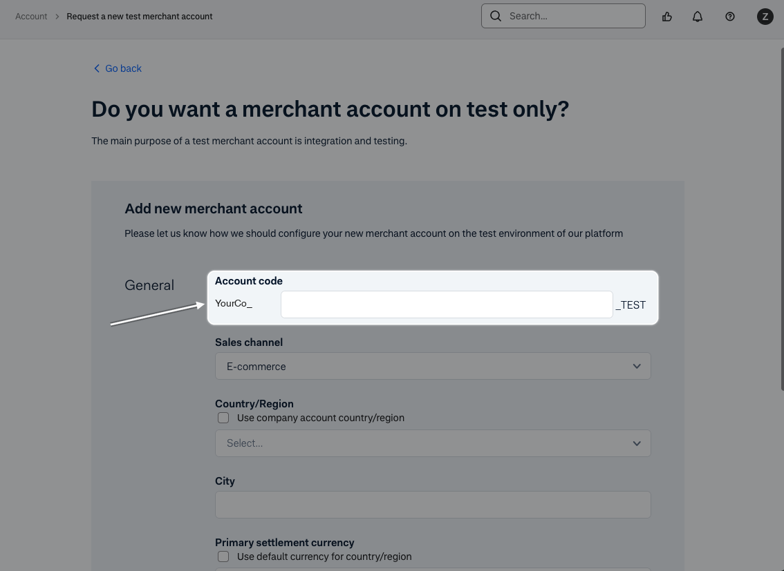 The form for a new test merchant account, starting with its account code