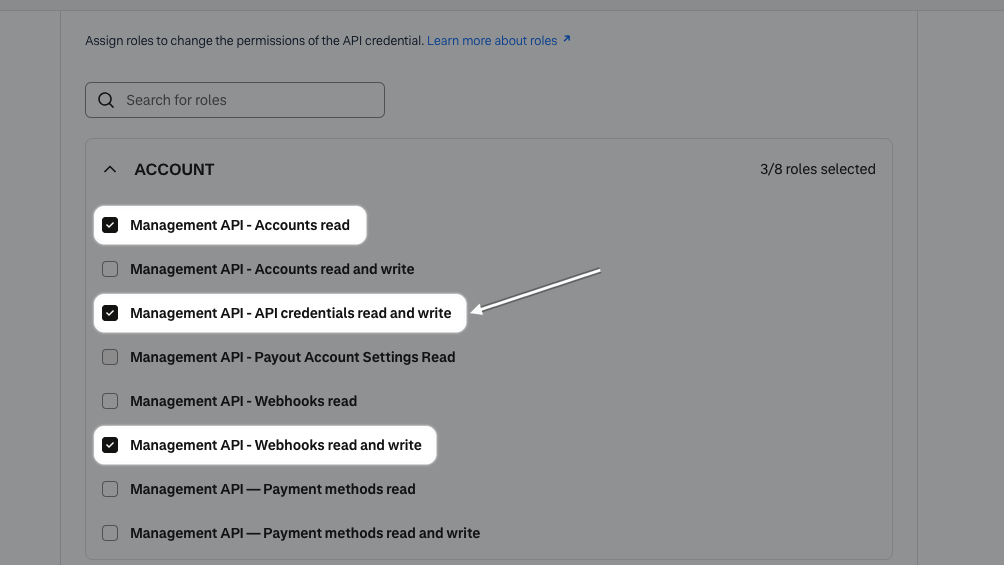 The three Management API roles ticked: Accounts read, API credentials read and write, and Webhooks read and write